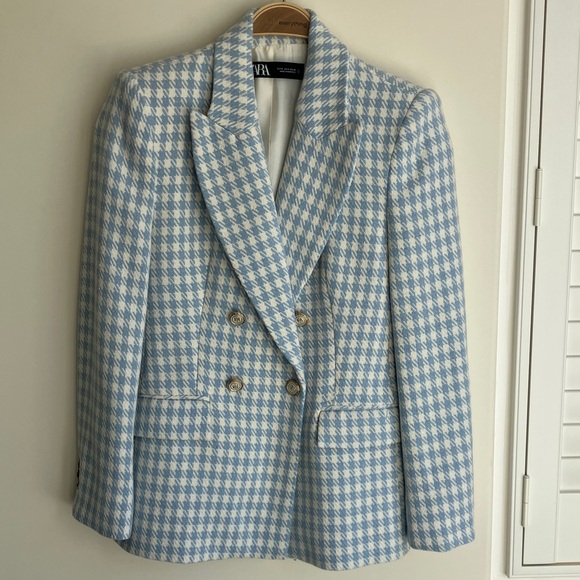 Zara Jackets & Blazers - ZARA Houndstooth Double-Breasted Blazer Baby Blue ASO Princess Kate Size Small